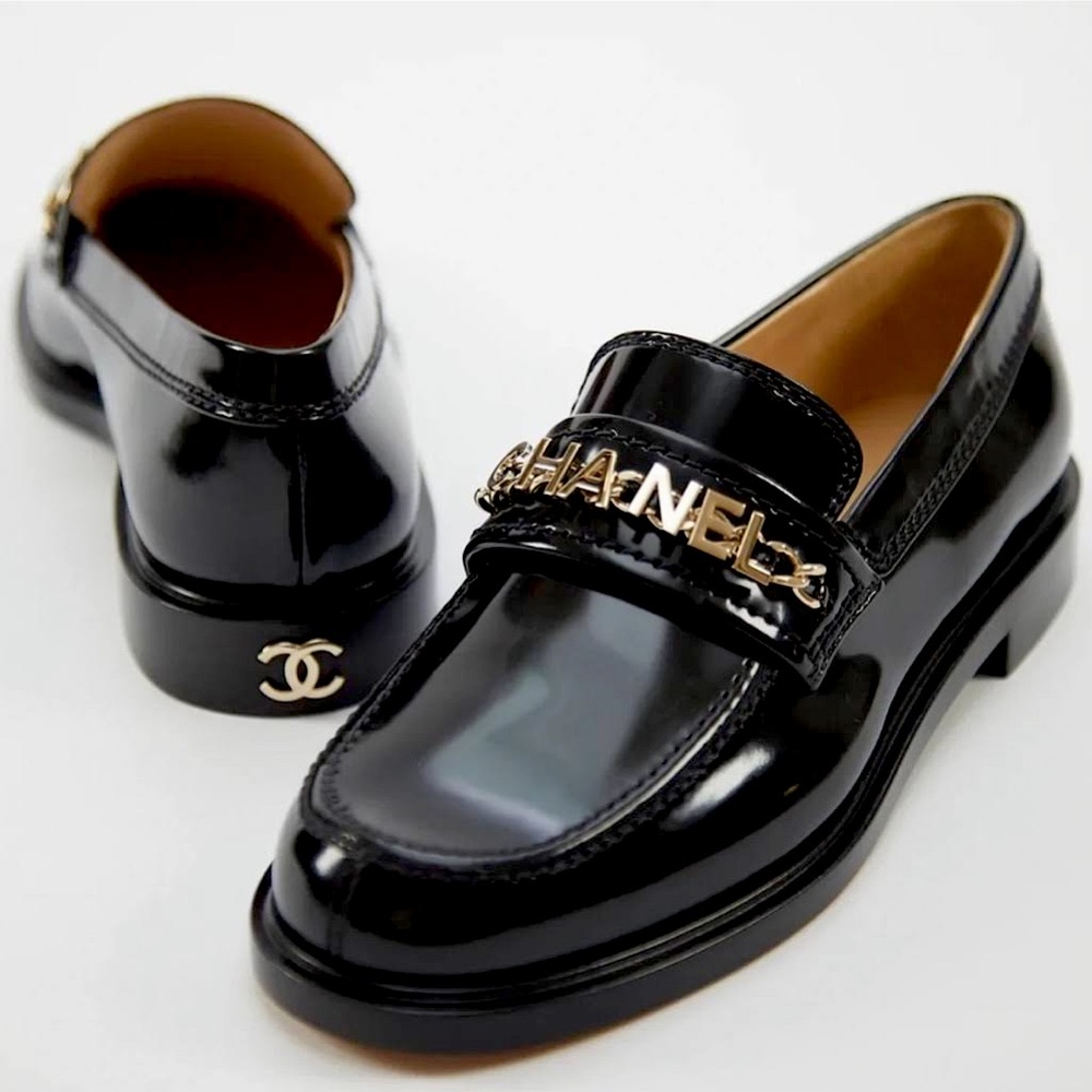 Chanel Black Shiny Flat Loafers